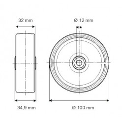 Croquis roue polyprolylène bandage caoutchouc diamètre 100 millimètres