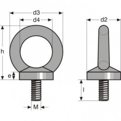 Croquis anneau de levage mâle en acier zingué référence DIN580 avec tige courte charge maxi 4600 kilos