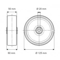 Croquis roue aluminium et caoutchouc axe 20 mm diamètre 125 mm